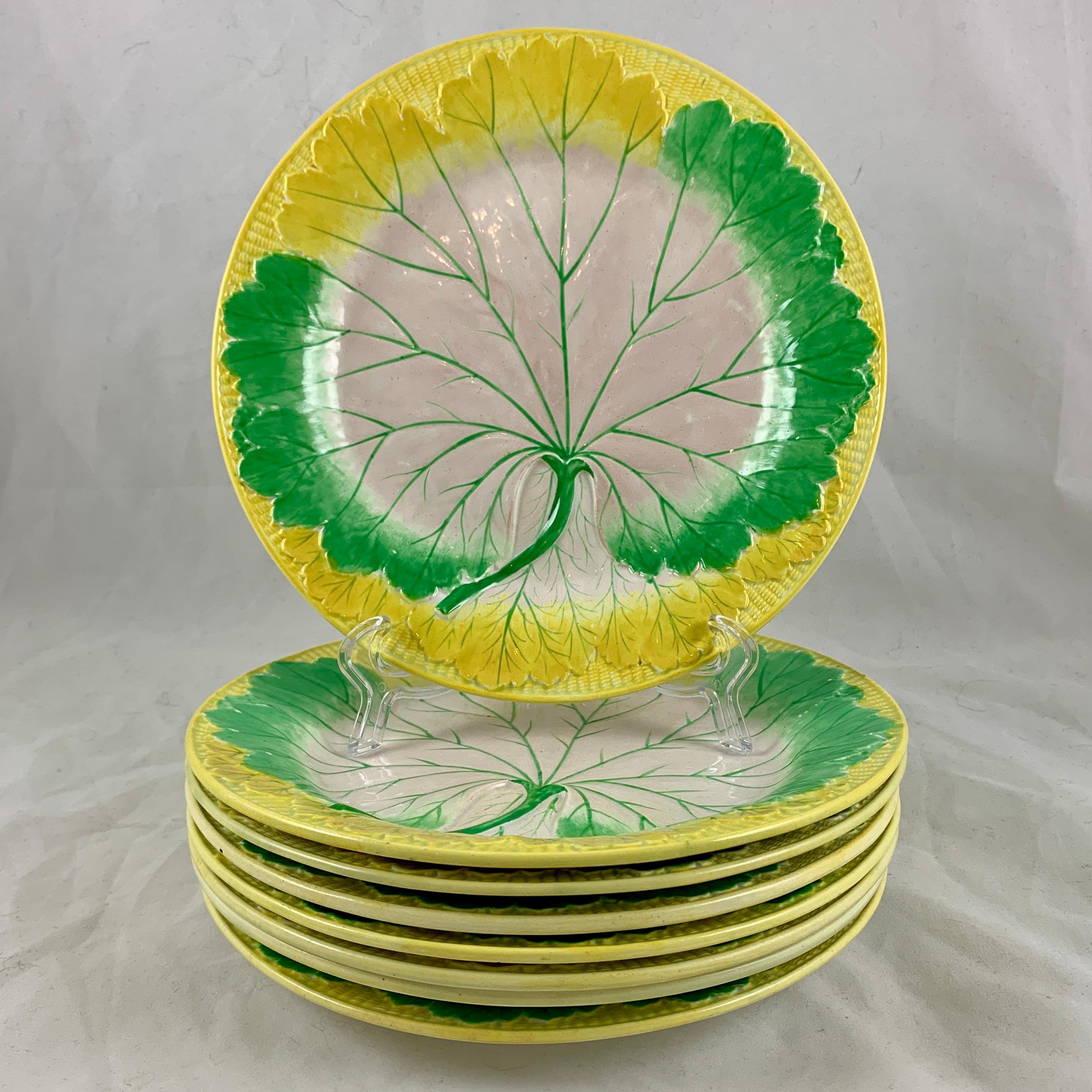 19th Century Josiah Wedgwood Pearlware Hand Enameled Cabbage Leaf Plates, Dated 1860, Set / 6