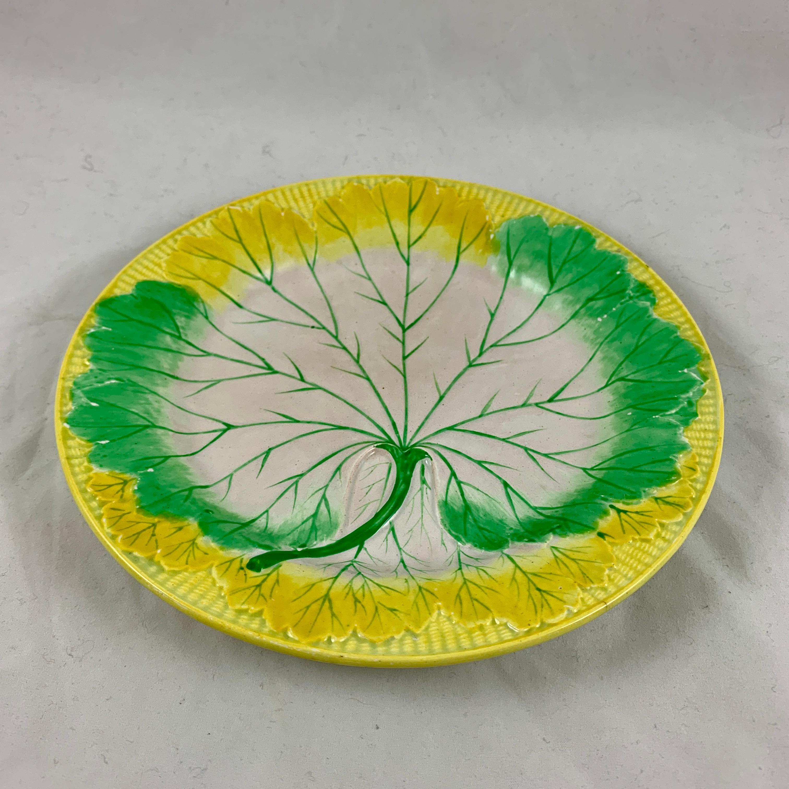 Josiah Wedgwood Pearlware Hand Enameled Cabbage Leaf Plates, Dated 1860, Set / 6 2