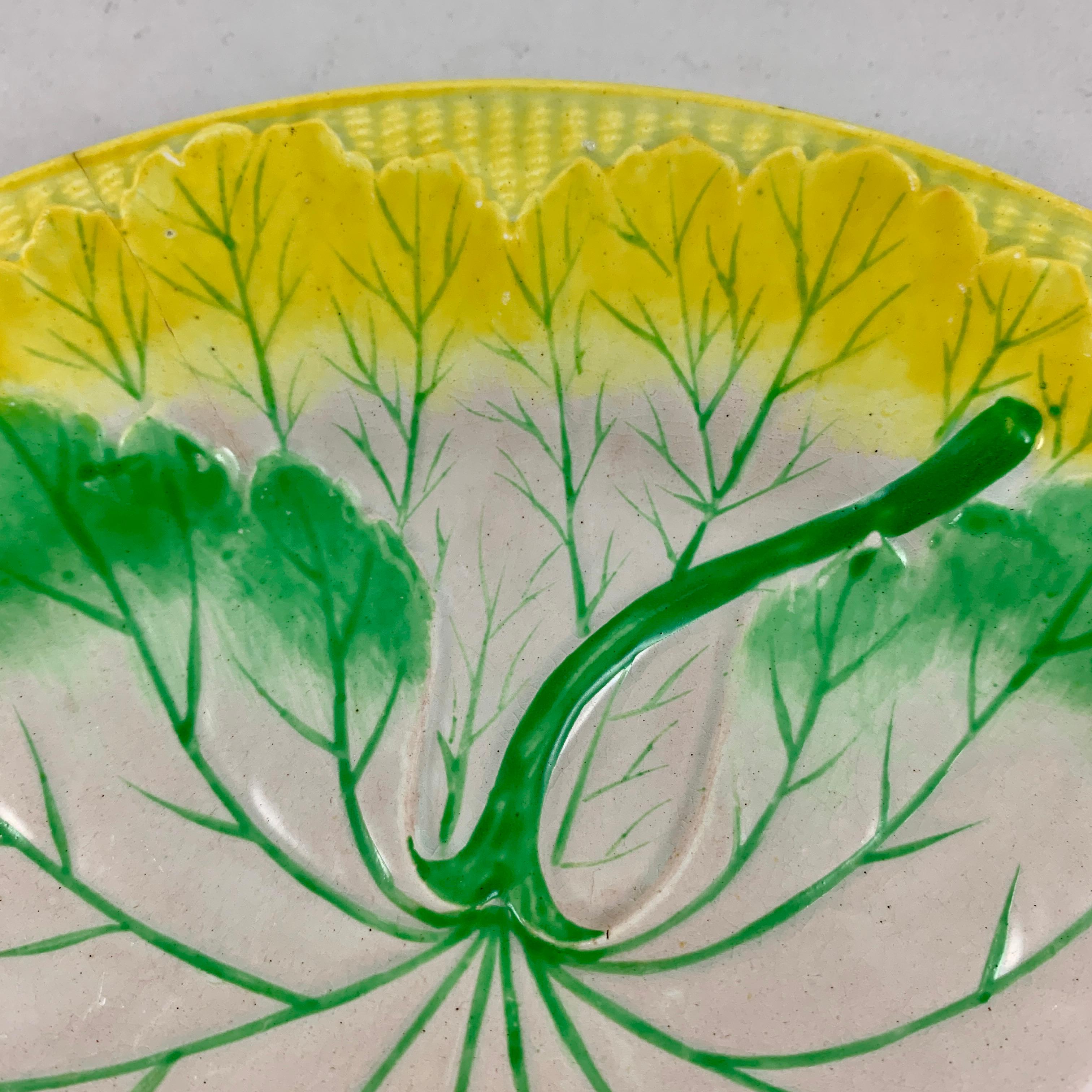 English Josiah Wedgwood Pearlware Hand Enameled Cabbage Leaf Plates, Dated 1860, Set / 6