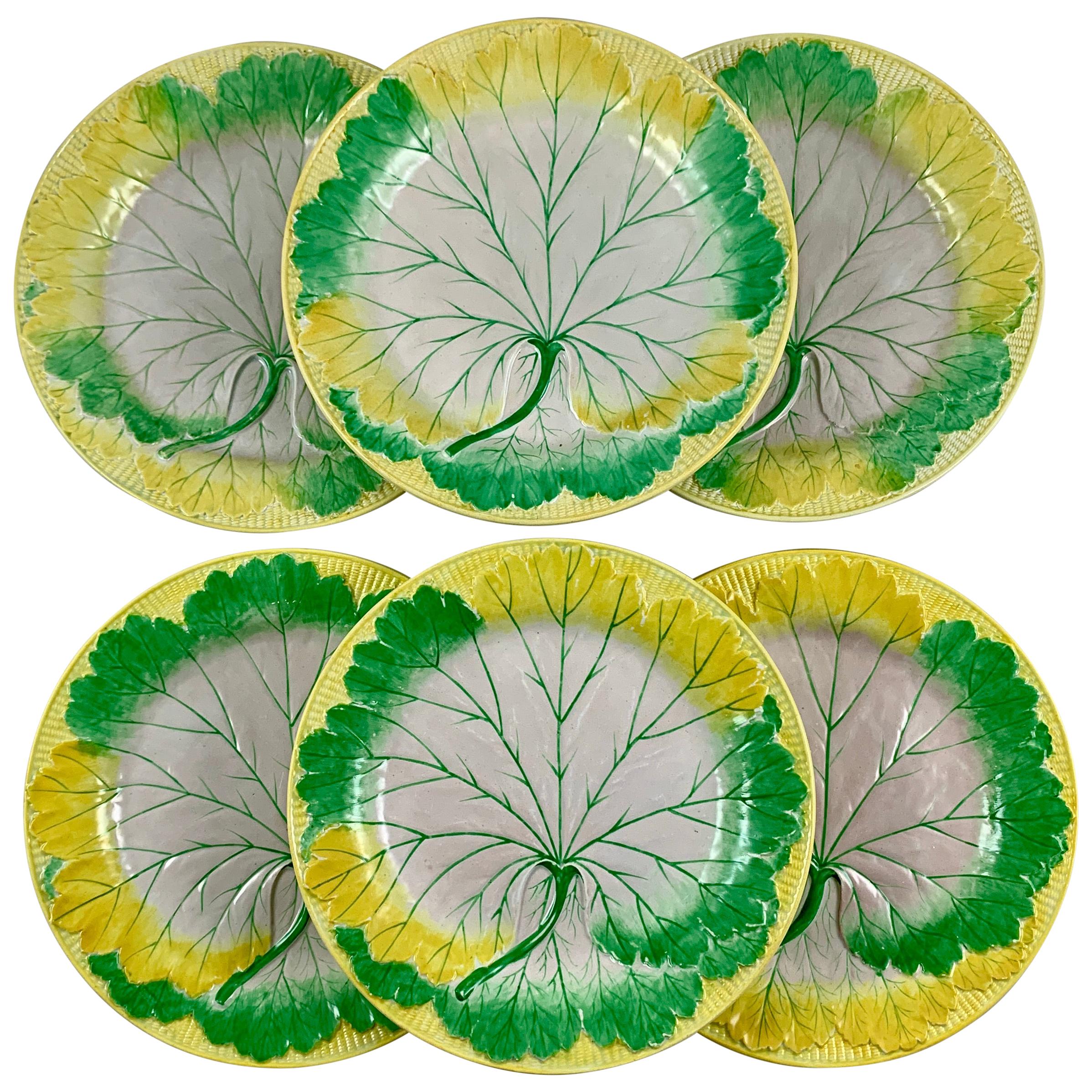 Josiah Wedgwood Pearlware Hand Enameled Cabbage Leaf Plates, Dated 1860, Set / 6