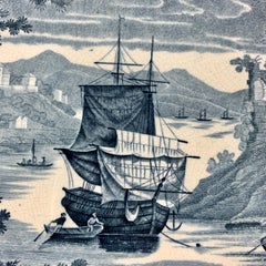 Josiah Wedgwood 'Pembroke Castle' Ships & Floral Steel Gray Transferware Platter