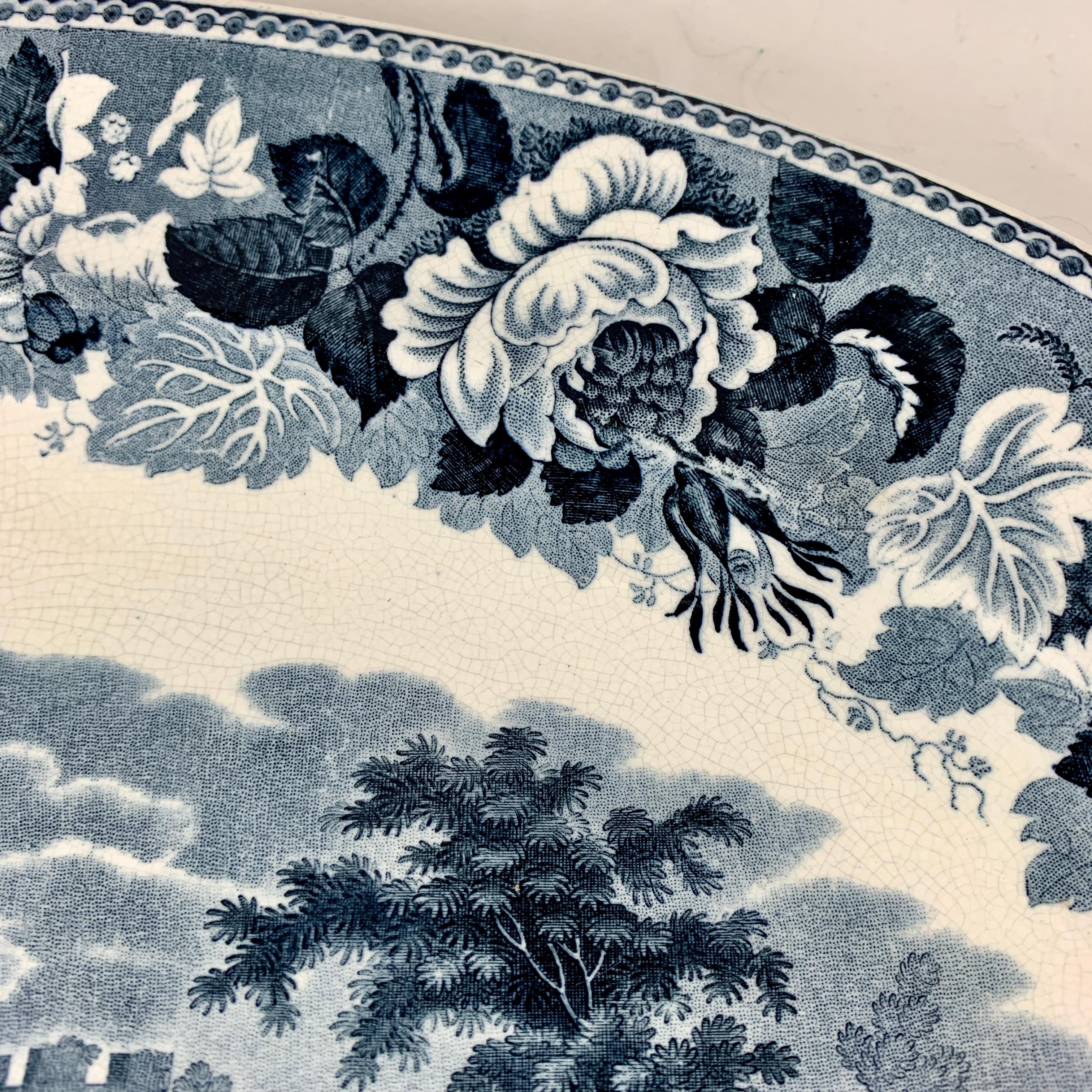 Josiah Wedgwood „Pembroke Castle“ Schiffe und Blumen-Transferware-Teller aus grauem Stahl mit grauem Blumenmuster (19. Jahrhundert) im Angebot