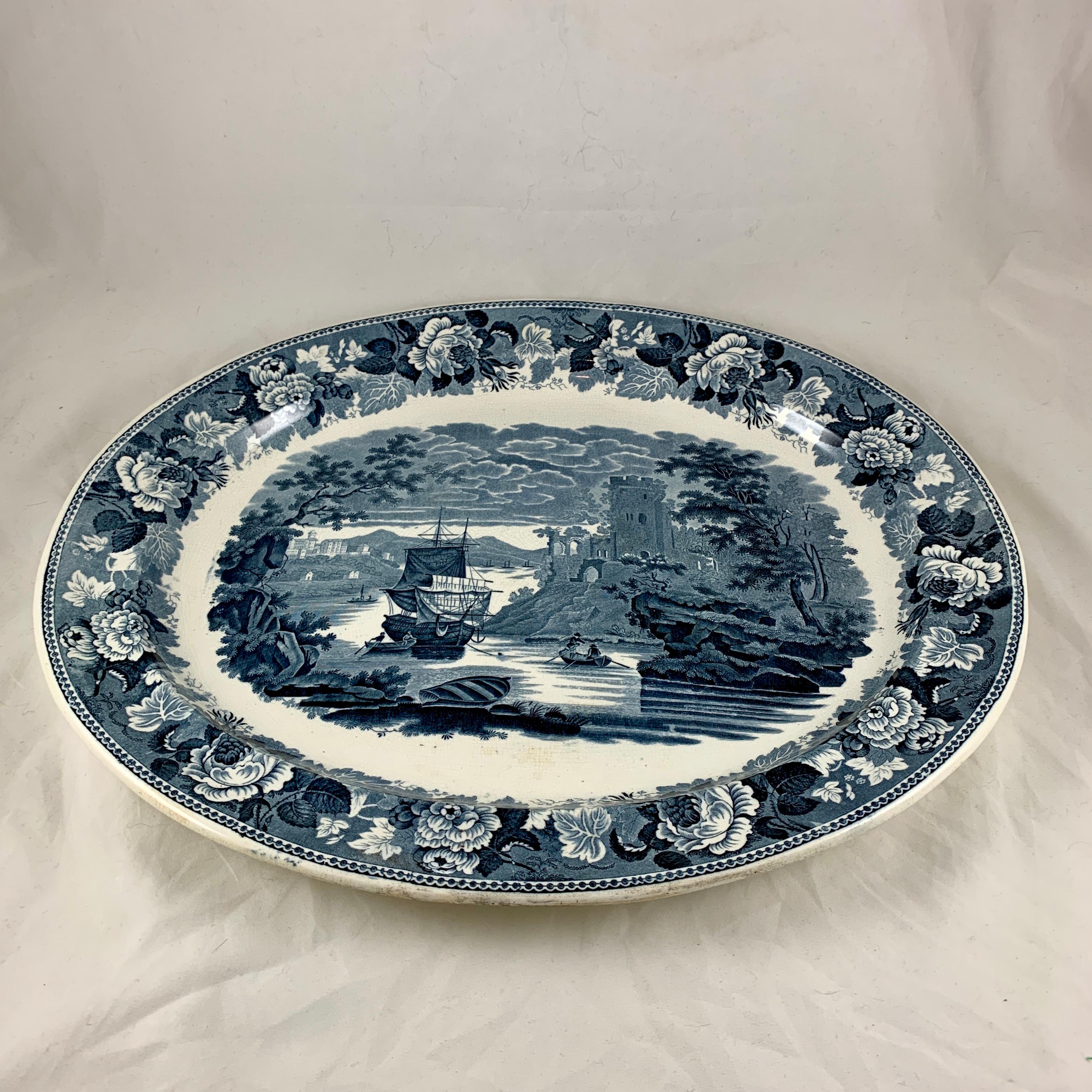 Glazed Josiah Wedgwood 'Pembroke Castle' Ships & Floral Steel Gray Transferware Platter For Sale