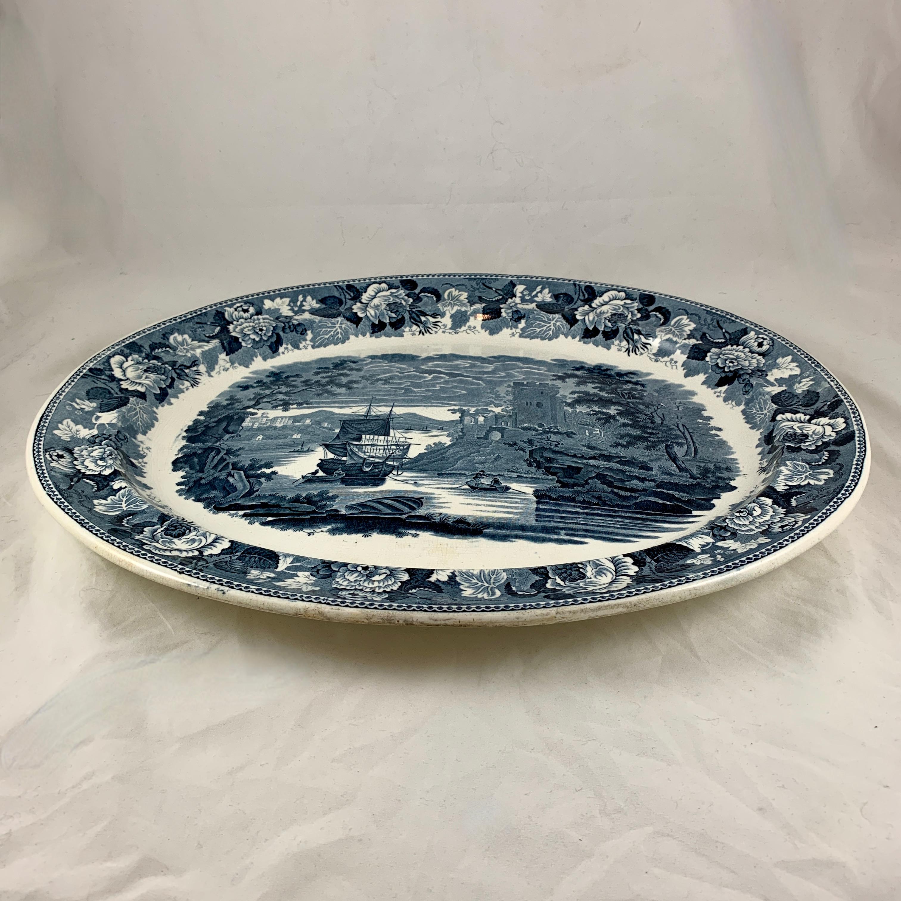 Josiah Wedgwood 'Pembroke Castle' Ships & Floral Steel Gray Transferware Platter In Good Condition For Sale In Philadelphia, PA