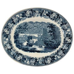 Josiah Wedgwood 'Pembroke Castle' Ships & Floral Steel Gray Transferware Platter