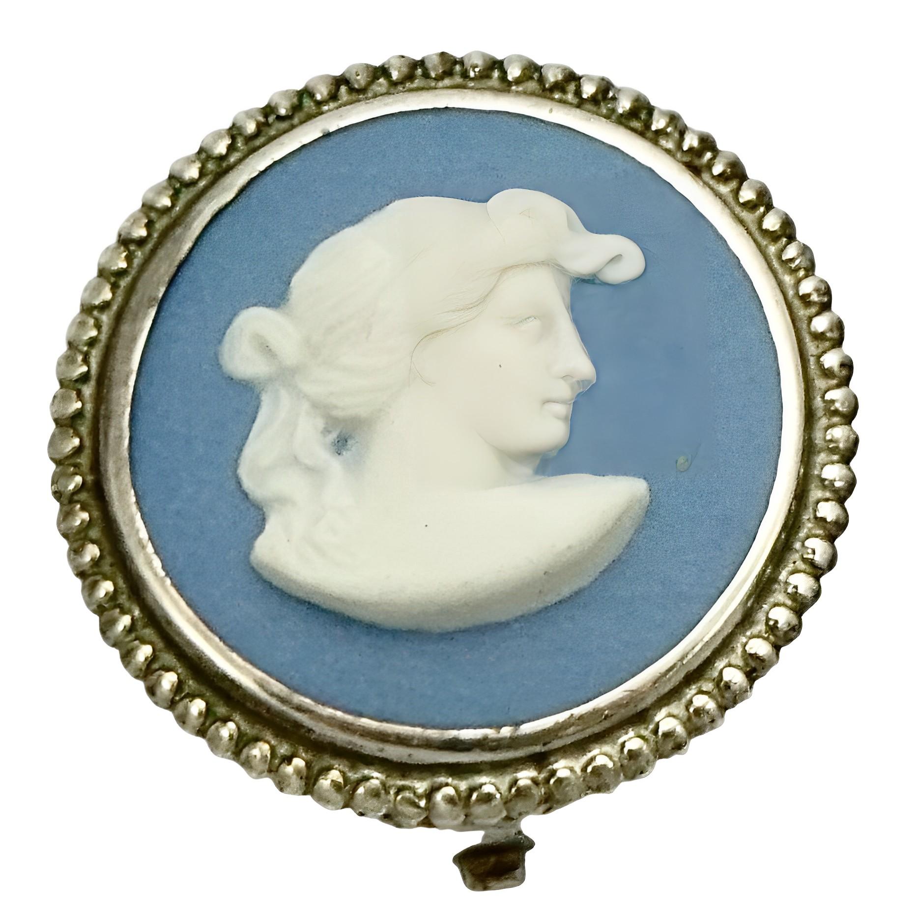Wedgwood sterling silver and blue jasperware earrings, featuring classical relief ladies. Measuring diameter 2.2 cm / .86 inch. The silver is stamped SILVERJW, and SILVERFAW, which is the hallmark of F. A. Welch, the Liverpool jeweller who set