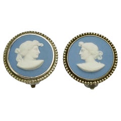 Vintage Josiah Wedgwood Sterling Silver and Blue Jasperware Earrings dated 1969