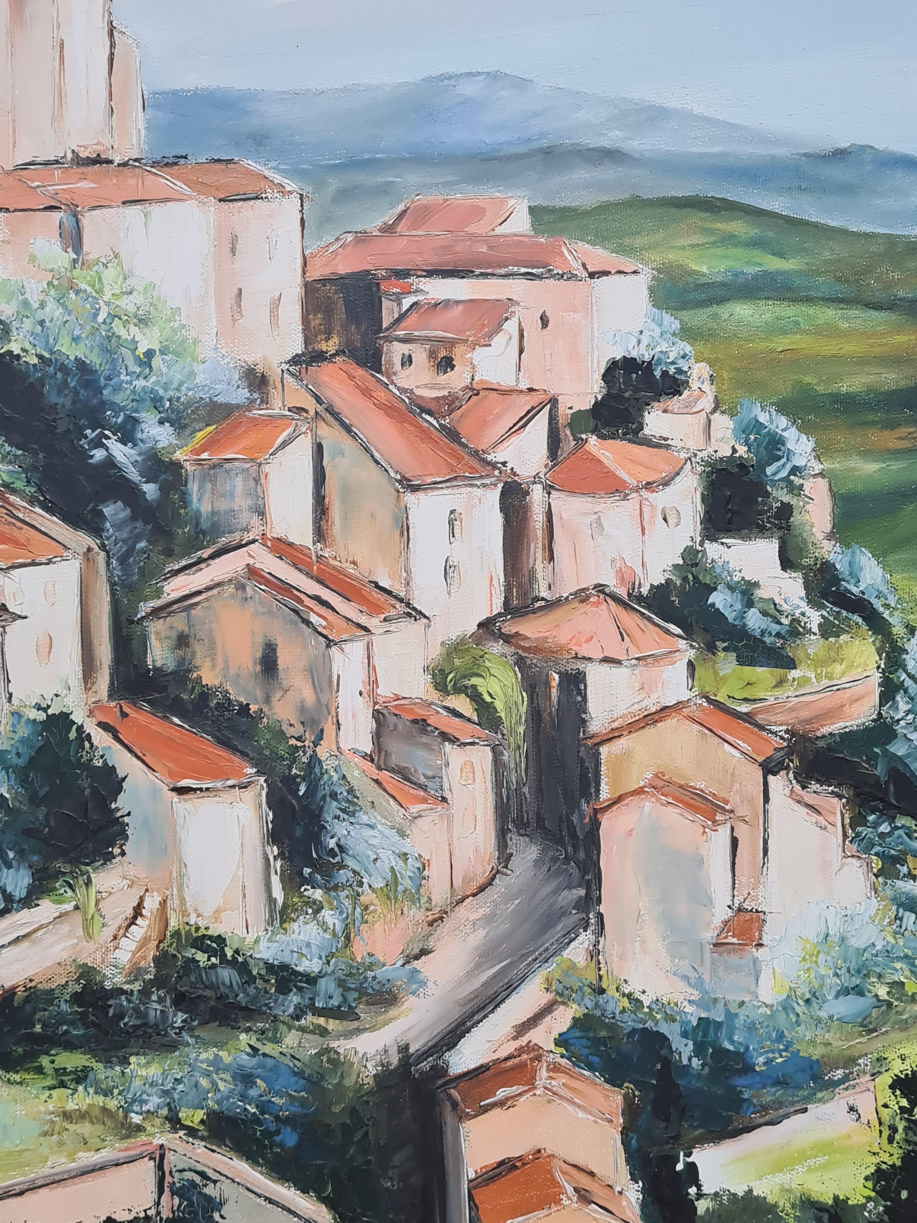Gordes, el pueblo francés de las colinas - Landscape Painting Gris de Josiane Parat 