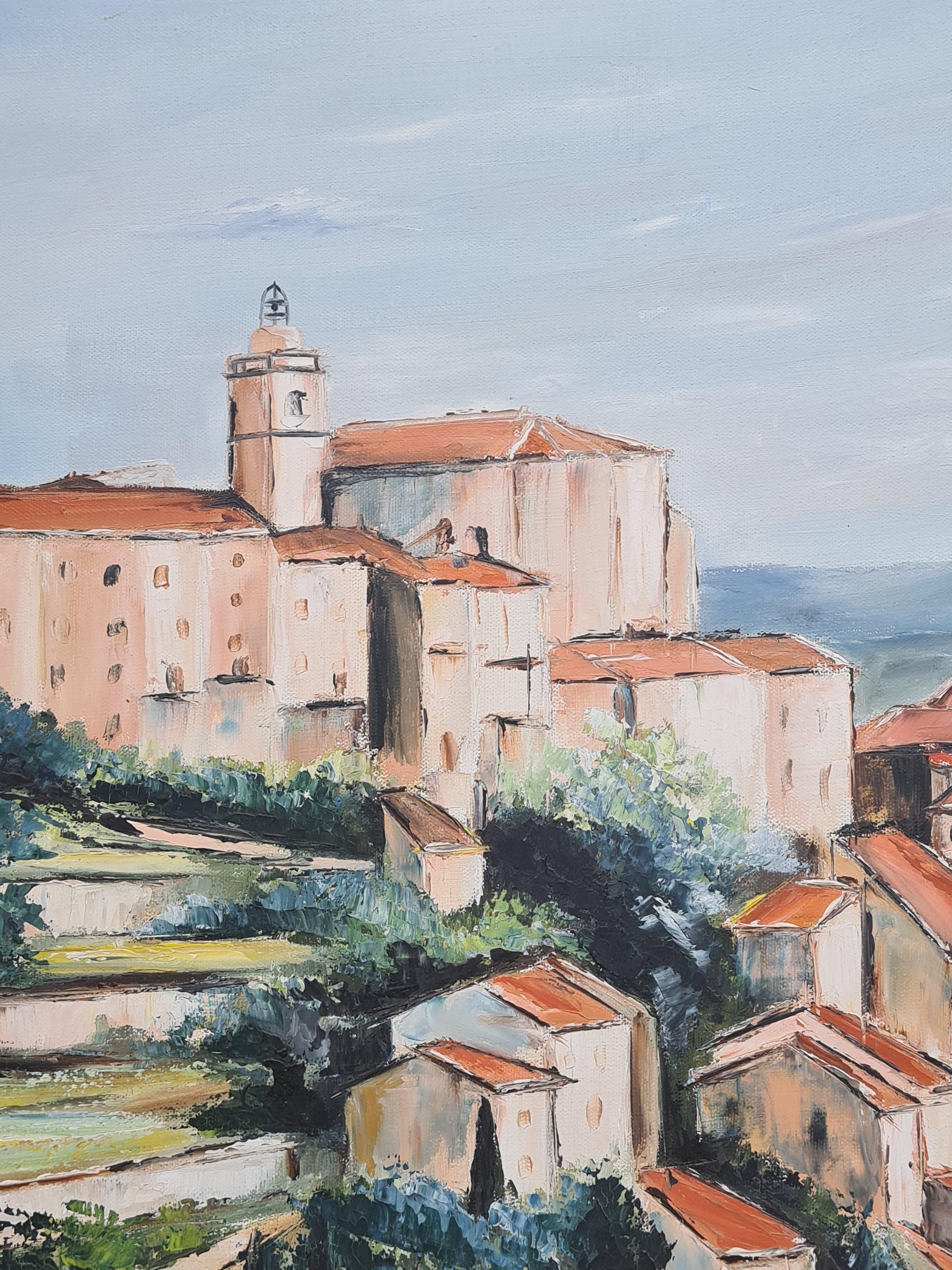 Vista al óleo sobre lienzo de Gordes, en el Luberon (sur de Francia), uno de los pueblos franceses más bellos y emblemáticos situados en lo alto de una colina (village perché), obra de Josiane Parat. El cuadro está firmado abajo a la izquierda y