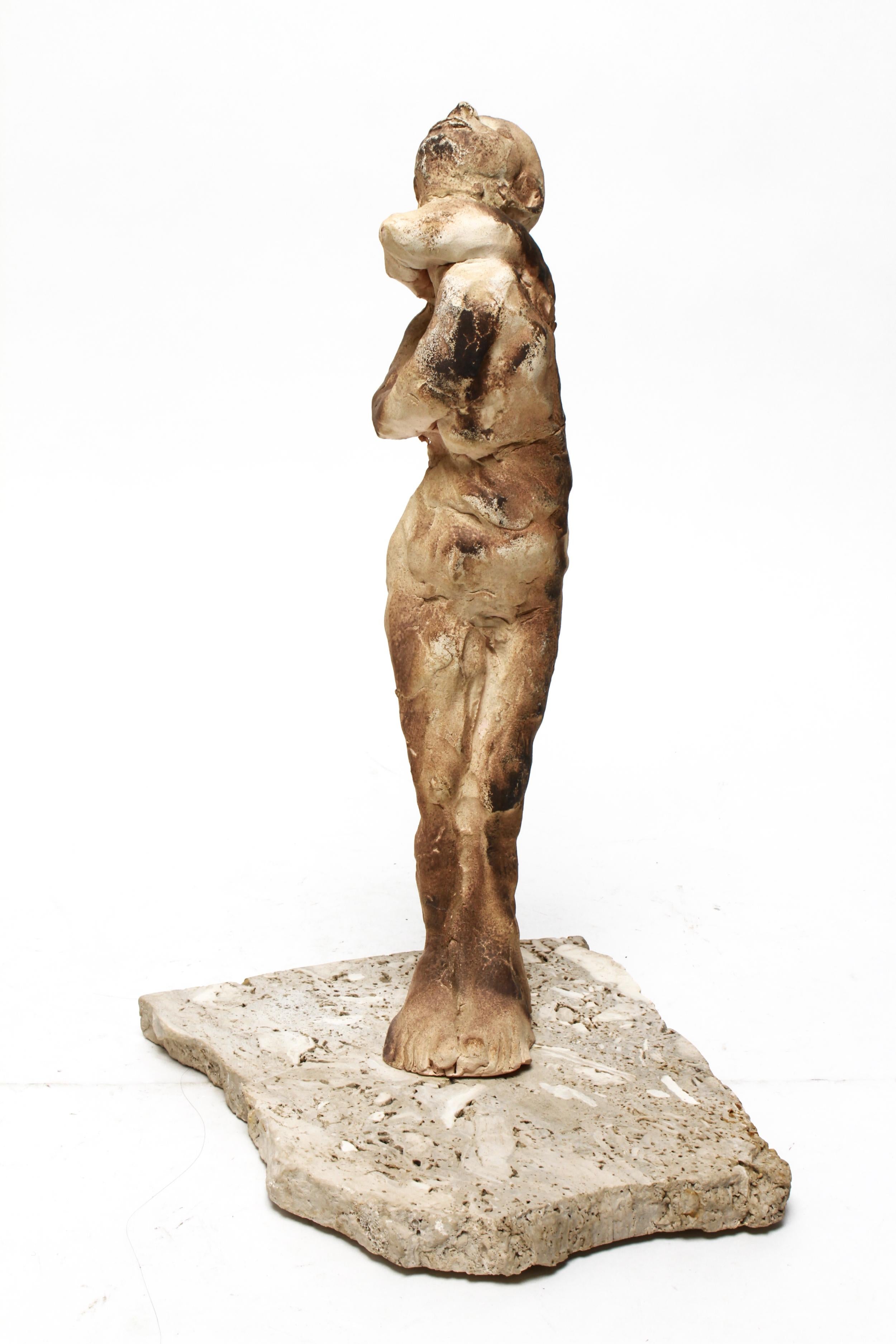 Modern abstract painted clay sculpture by Josie Bockelman (American, b. 1976) depicting a standing nude. The piece is signed, titled and dated on the underside: 