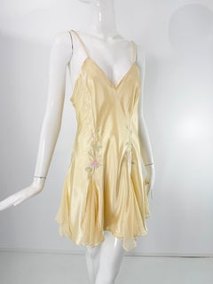 Josie Josie Natori 1980s Dead Stock Cream Embroidered Satin Bias Cut Slip Large