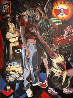 Bruno's Tavern, red and black figurative painting with an LGBTQ subject matter