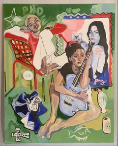 Phifi, green and red figure painting, feminist, Lesbian artist
