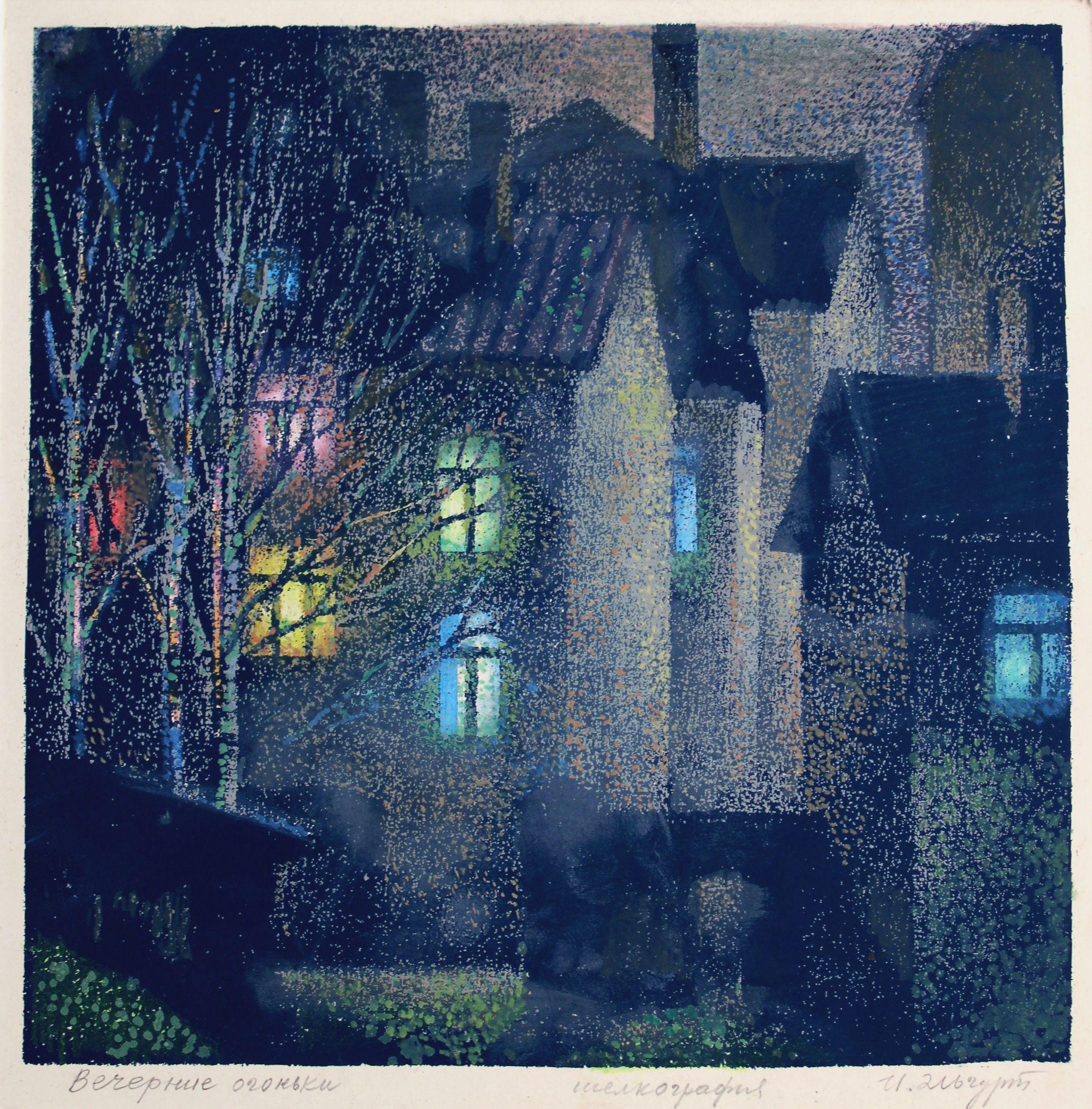 Josif Elgurt Landscape Print - Evening lights. Paper, screen printing, 18x18 cm