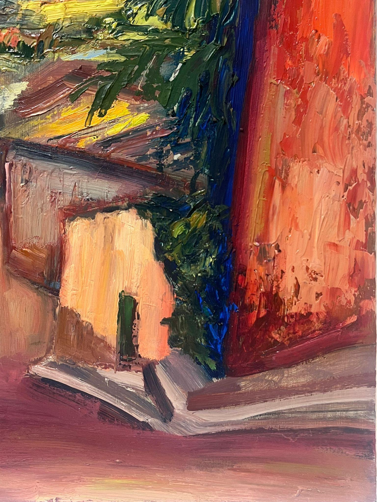 Peinture à l'huile post-impressionniste française des années 1940 - Vue de rue d'un village méditerranéen - Painting de Josine Vignon