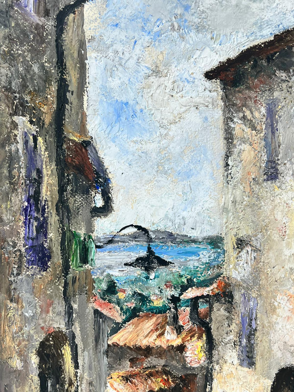 1940's French Post Impressionist Oil Painting Mediterranean Village Street View 1