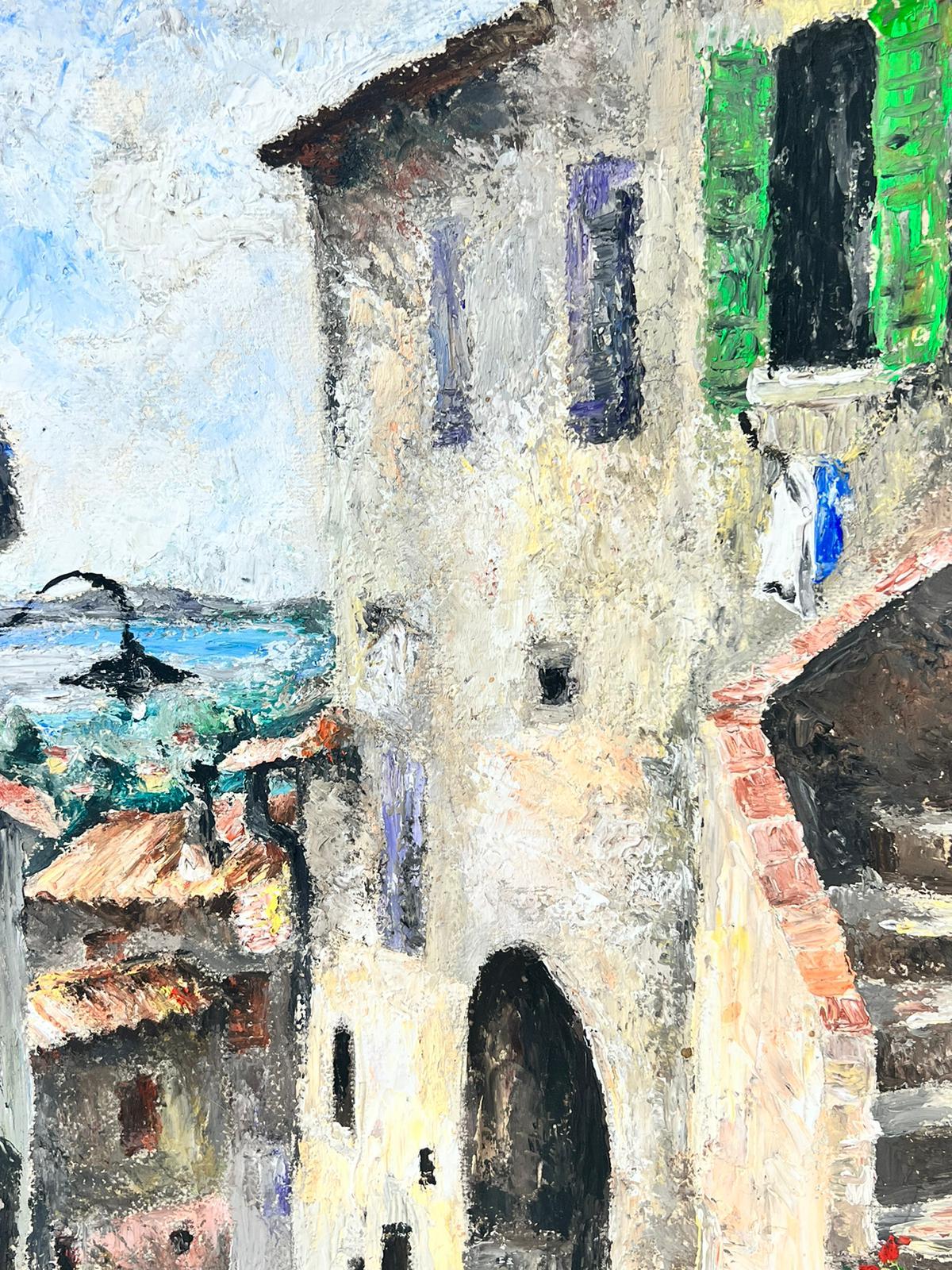 1940's French Post Impressionist Oil Painting Mediterranean Village Street View 3
