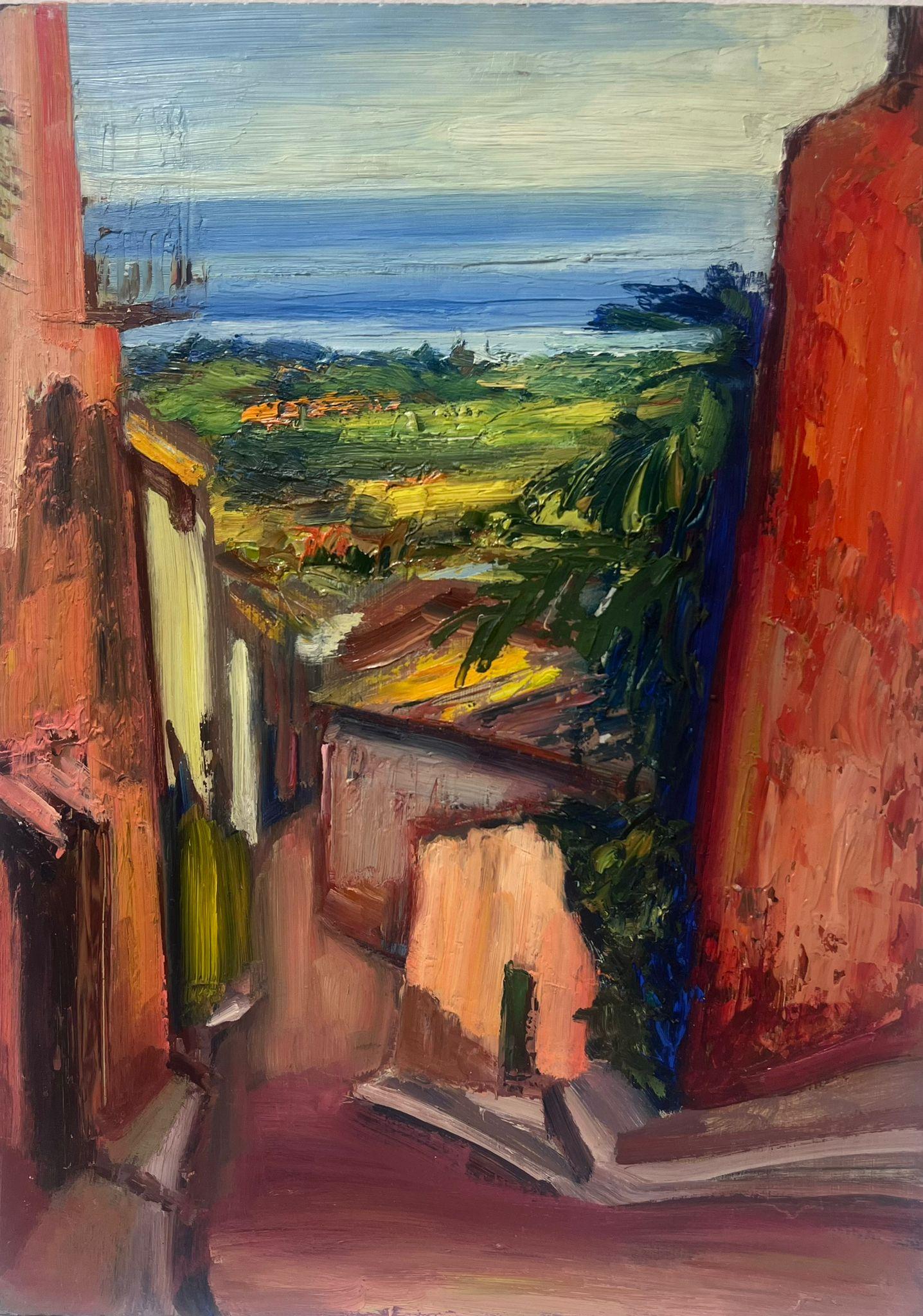 Landscape Painting Josine Vignon - Peinture à l'huile post-impressionniste française des années 1940 - Vue de rue d'un village méditerranéen