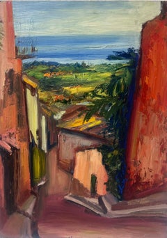 Peinture à l'huile post-impressionniste française des années 1940 - Vue de rue d'un village méditerranéen