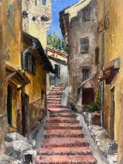 1940's French Post Impressionist Oil Painting Village Street Pink Steps Leading
