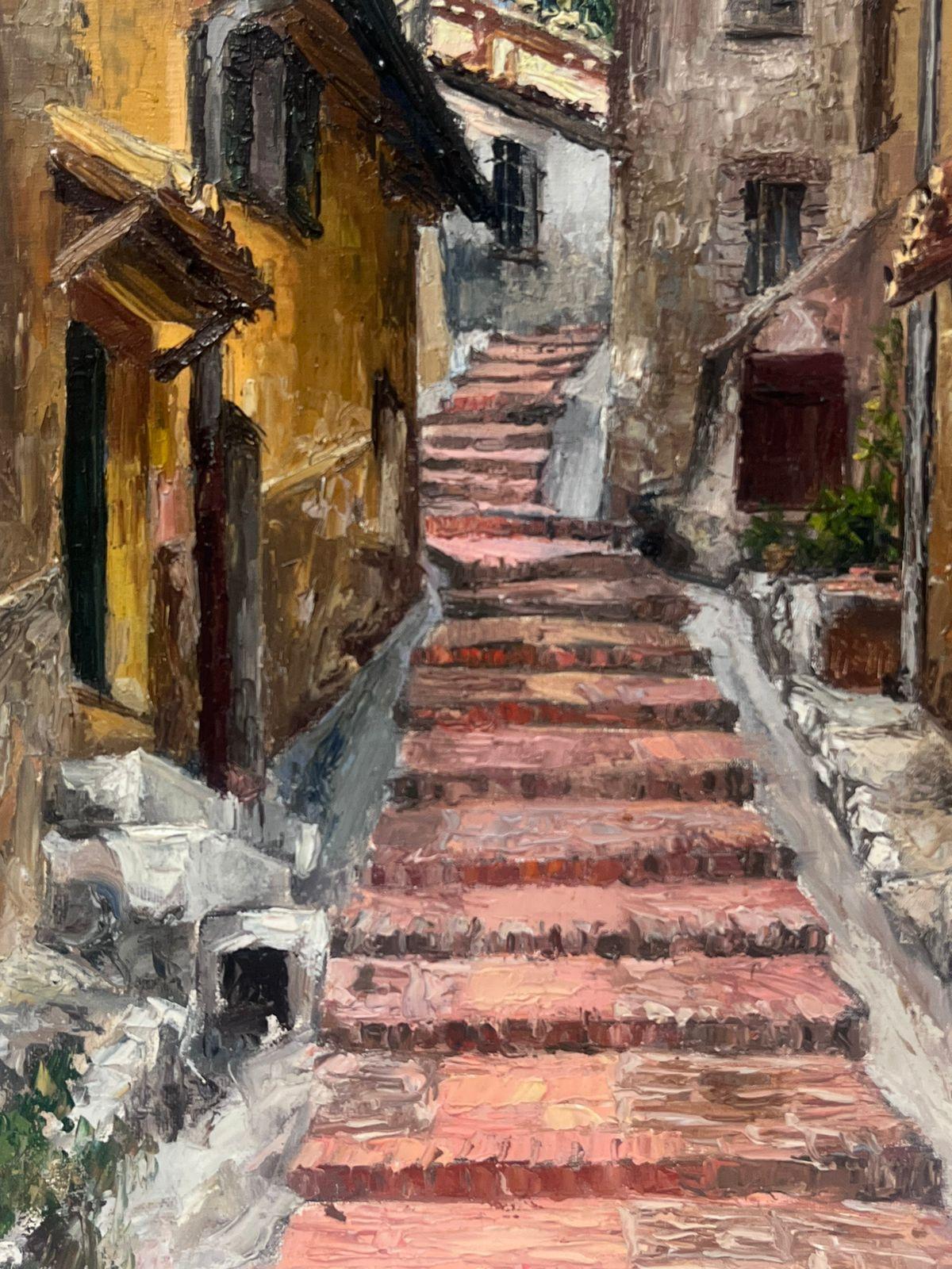 1940's French Post Impressionist Oil Painting Village Street Pink Steps Leading For Sale 1
