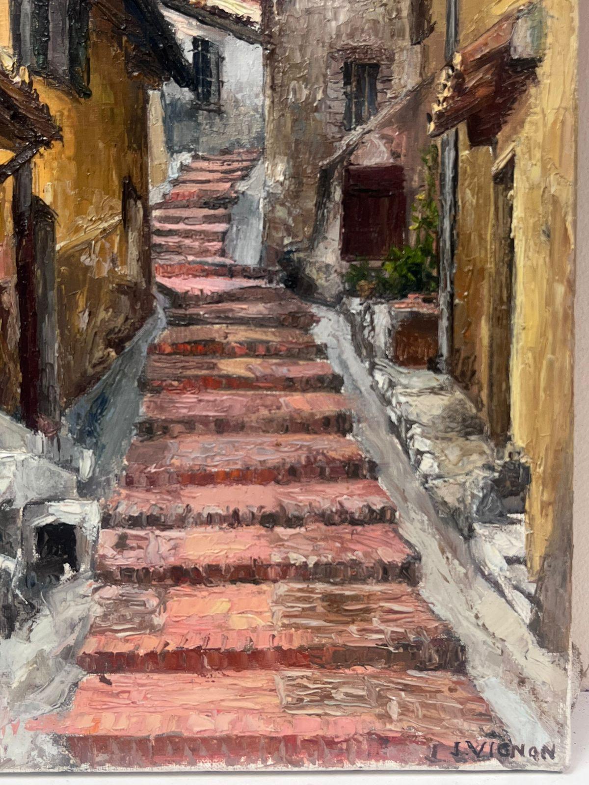 1940's French Post Impressionist Oil Painting Village Street Pink Steps Leading For Sale 2