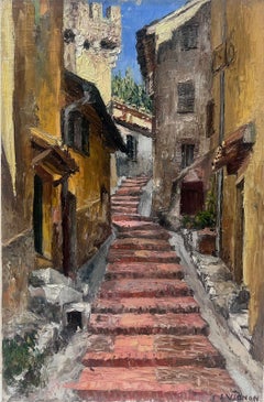 1940's French Post Impressionist Oil Painting Village Street Pink Steps Leading