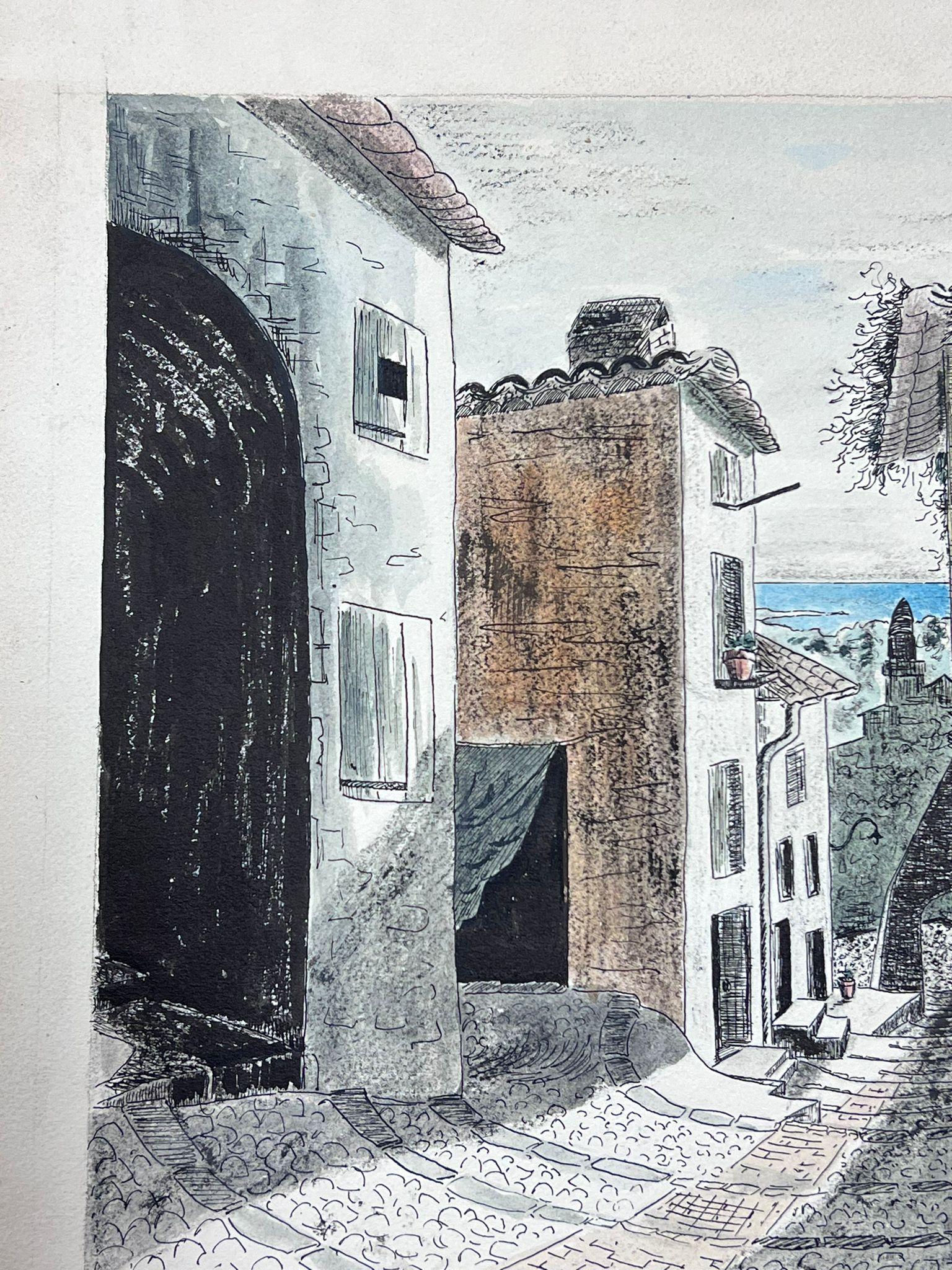 Peinture post-impressionniste française des années 1940, vue de rue d'un village méditerranéen - Painting de Josine Vignon