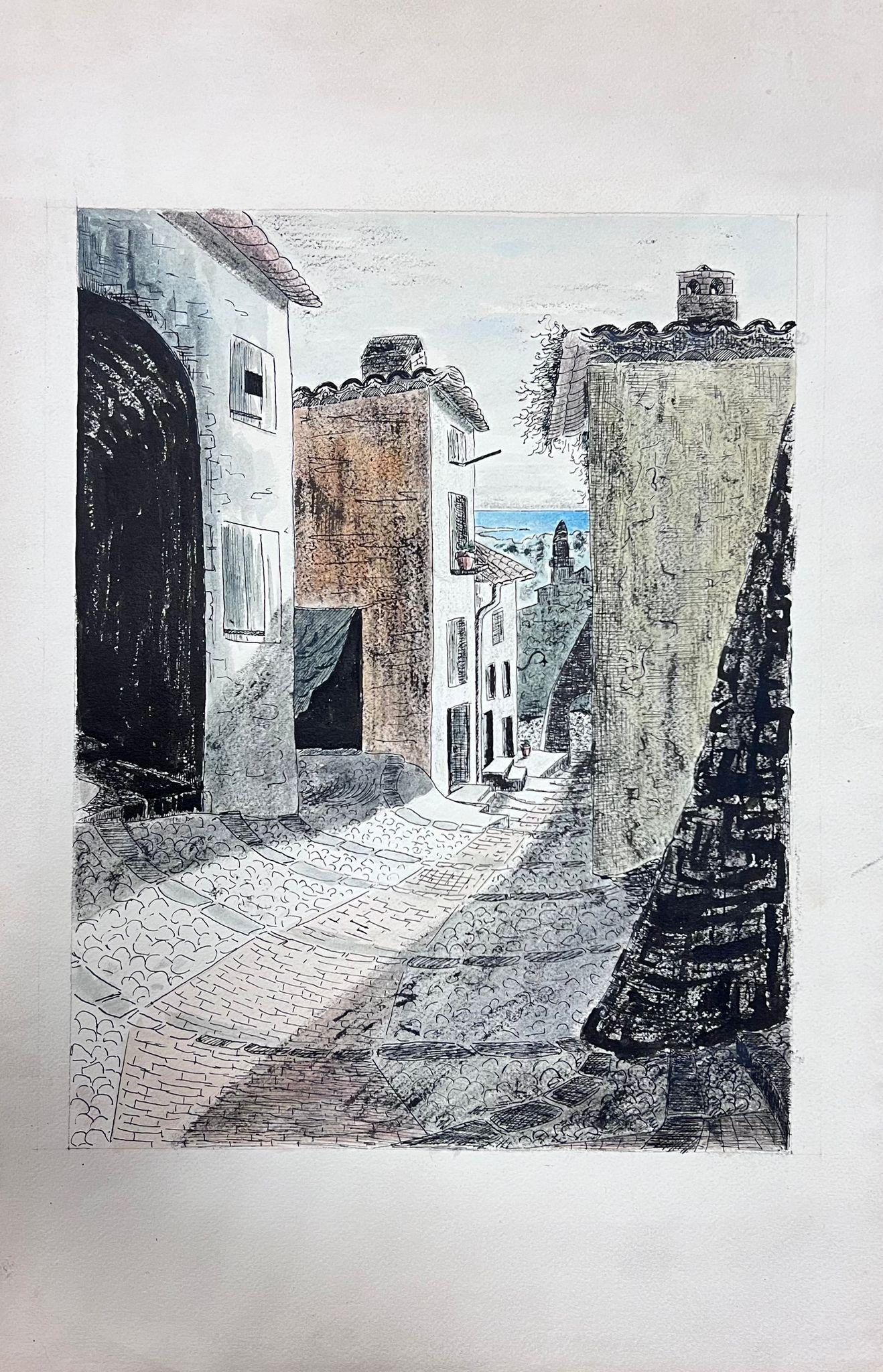 Peinture post-impressionniste française des années 1940, vue de rue d'un village méditerranéen en vente 1