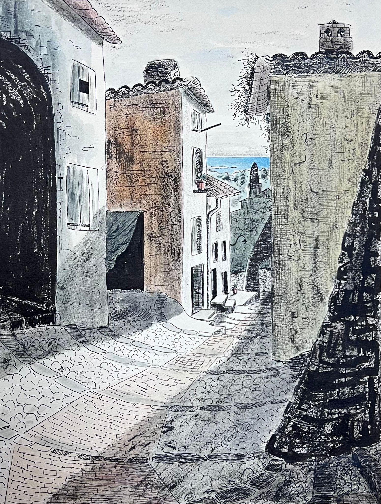 Landscape Painting Josine Vignon - Peinture post-impressionniste française des années 1940, vue de rue d'un village méditerranéen