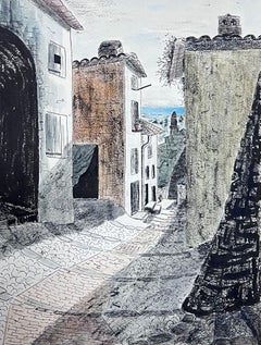 Peinture post-impressionniste française des années 1940, vue de rue d'un village méditerranéen