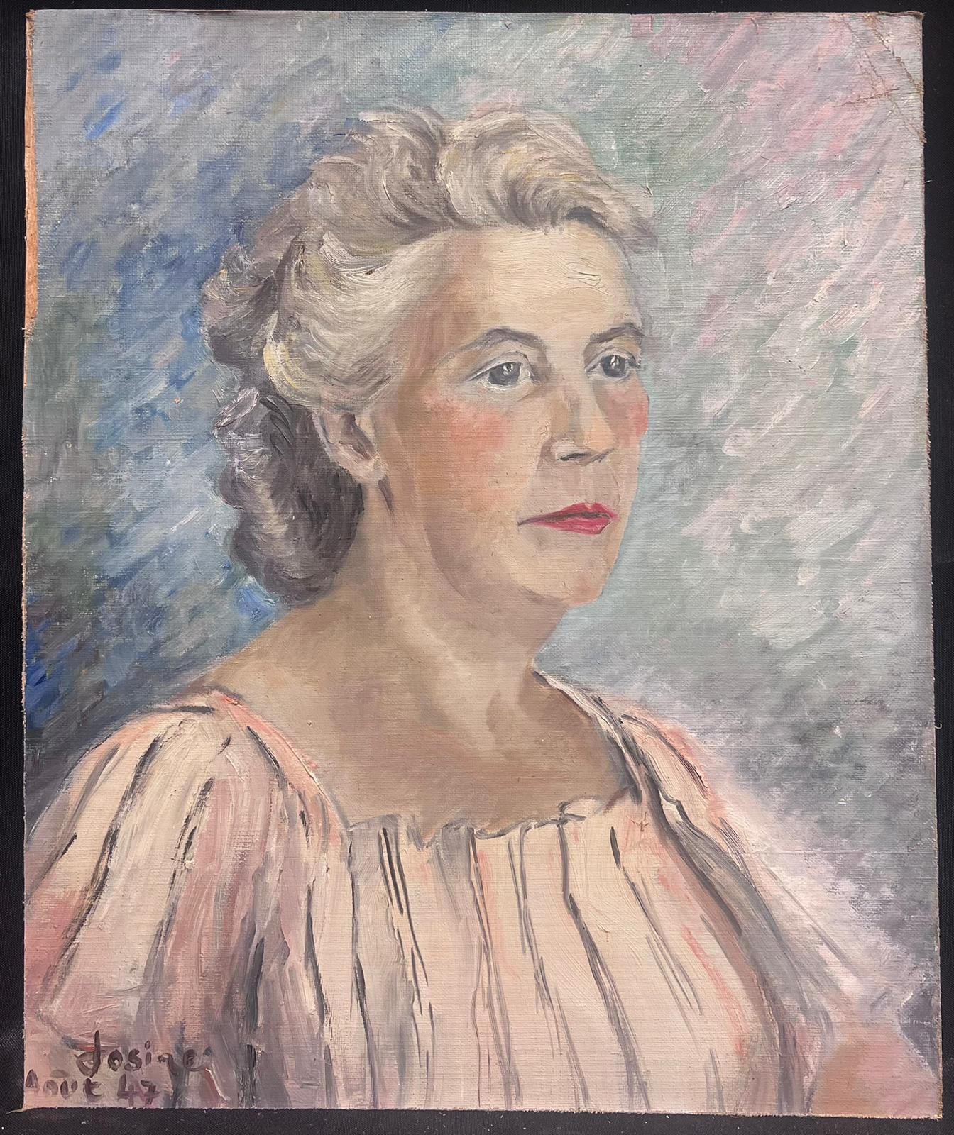 1940er Jahre Französisch Post Impressionist Porträt einer Dame signiert & datiert – Painting von Josine Vignon