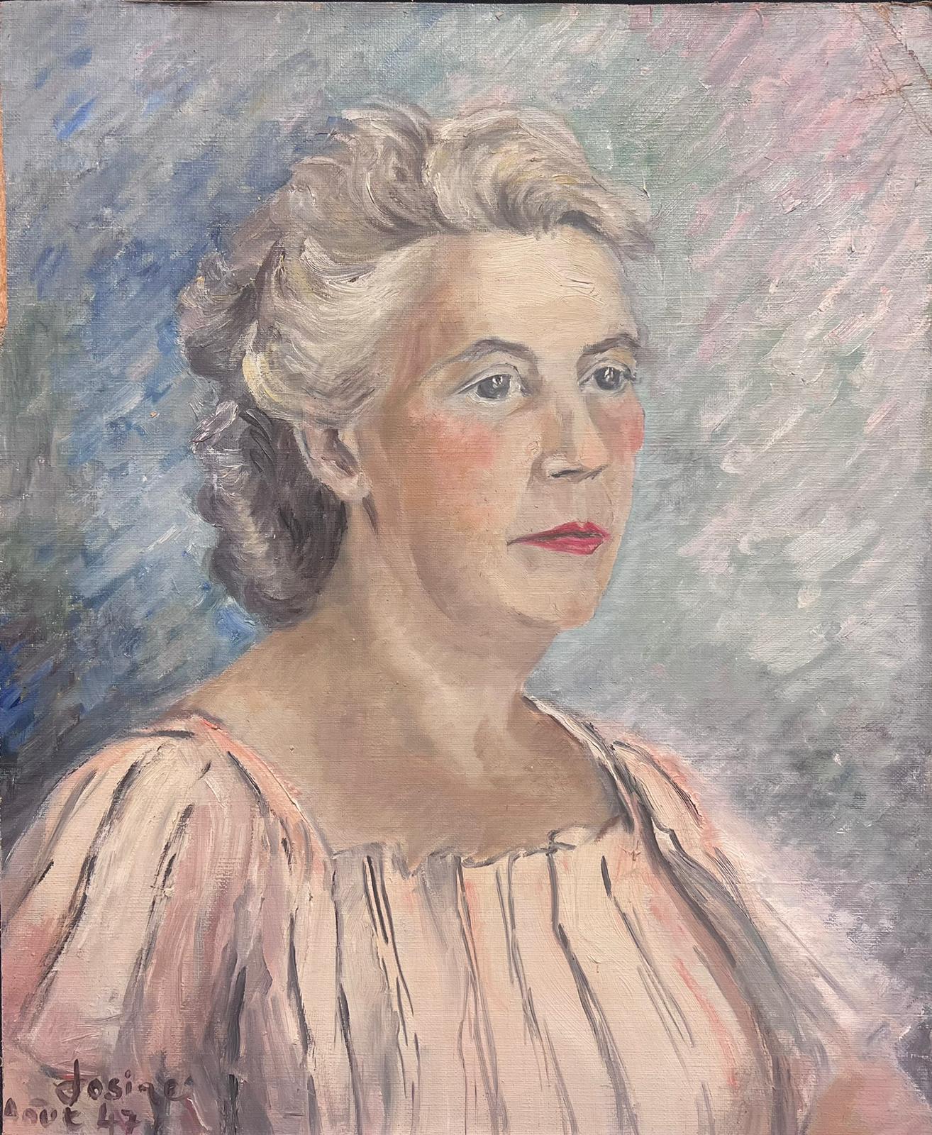 Josine Vignon Figurative Painting – 1940er Jahre Französisch Post Impressionist Porträt einer Dame signiert & datiert