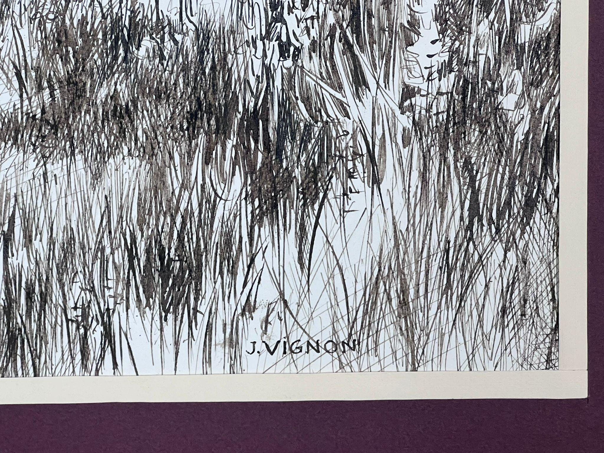 1950s Black & White Ink Drawing Olive Tree Renoirs Garden Cagnes Sur Mer - Gris Landscape Painting par Josine Vignon