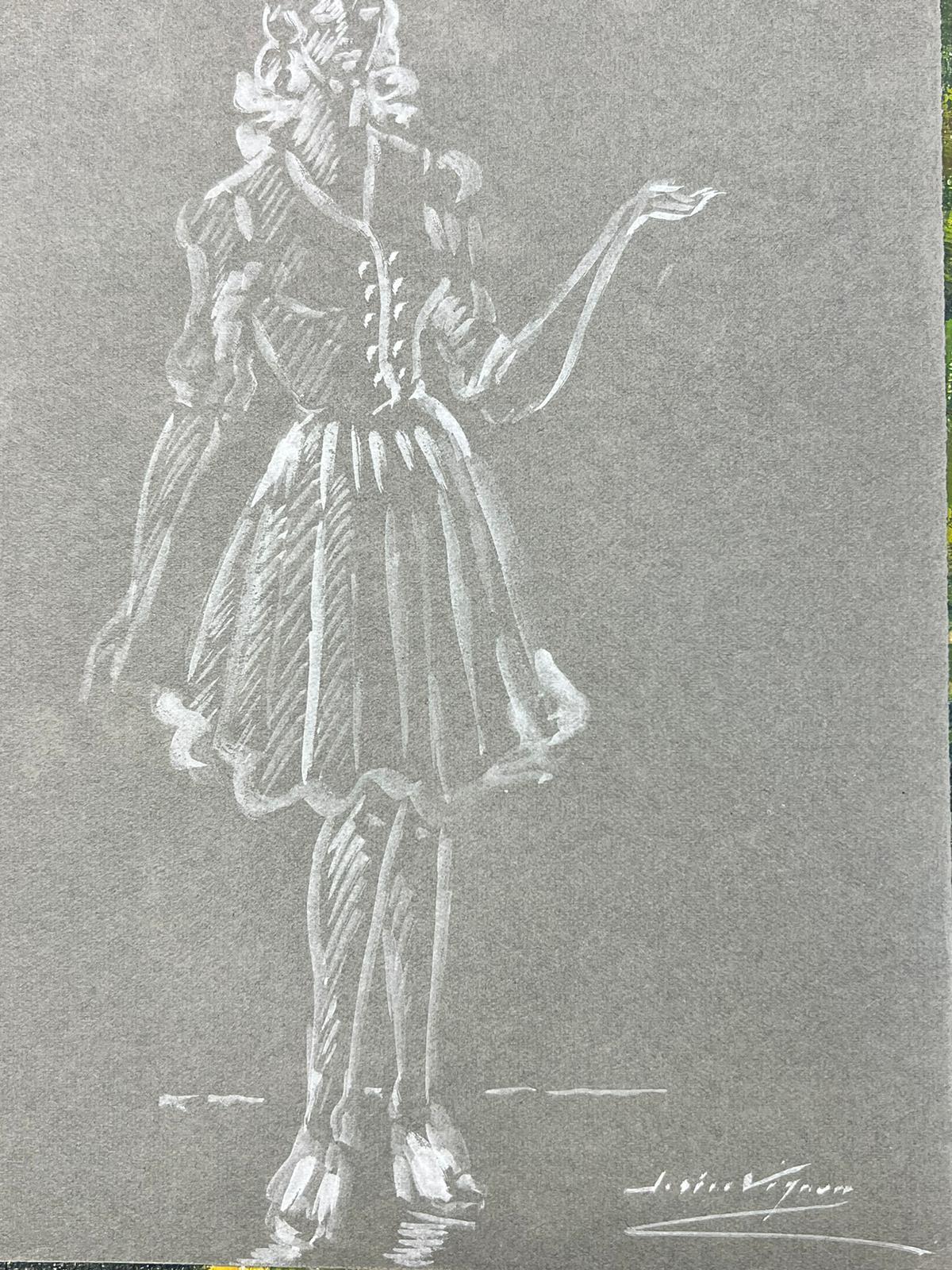 1950's Fashion Illustration Original-Zeichnung eines Posed Lady In White – Painting von Josine Vignon