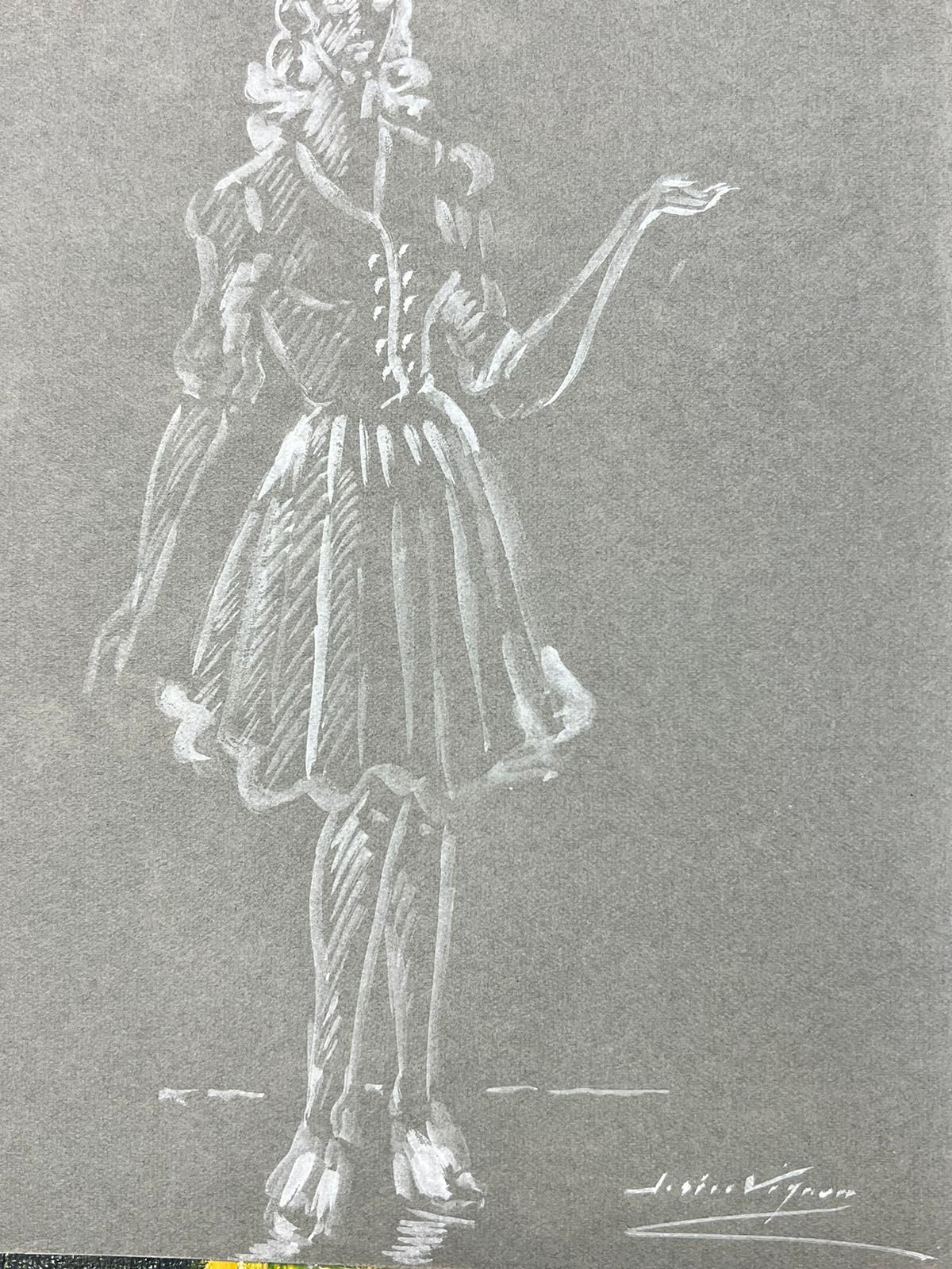 1950's Fashion Illustration Original-Zeichnung eines Posed Lady In White (Post-Impressionismus), Painting, von Josine Vignon