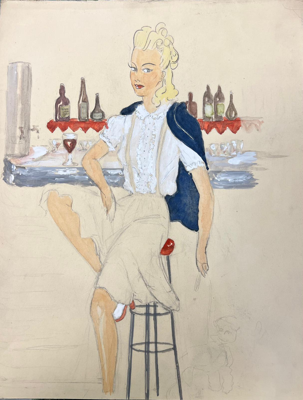 Illustrazione di moda degli anni '50 Pittura originale di una signora bionda appollaiata al bar - Painting di Josine Vignon