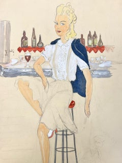 Retro 1950’s Fashion Illustration Original Painting Of A Blonde Lady Perched At A Bar