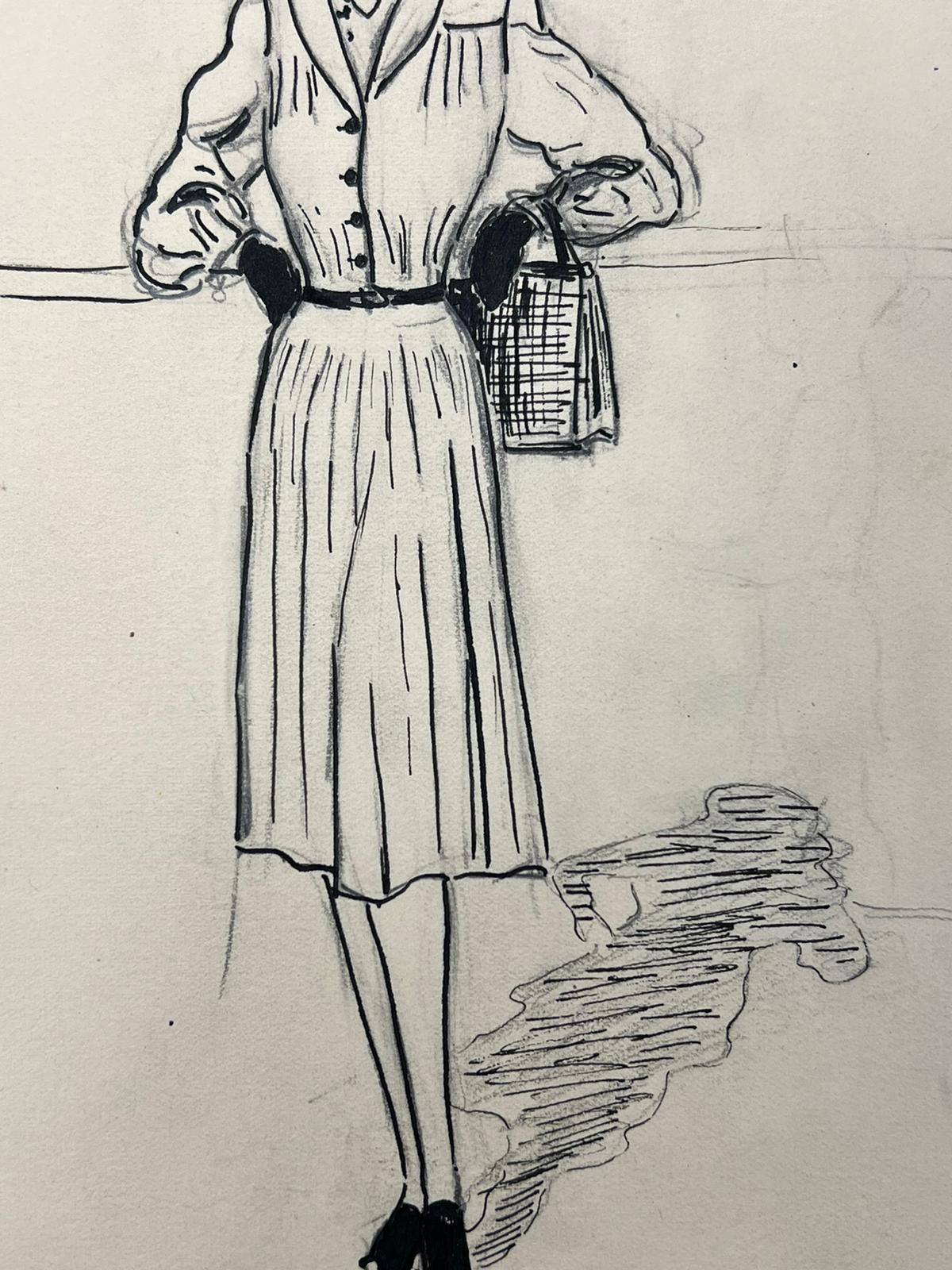 Illustration de mode des années 1950 Peinture originale d'une femme chic - Post-impressionnisme Painting par Josine Vignon