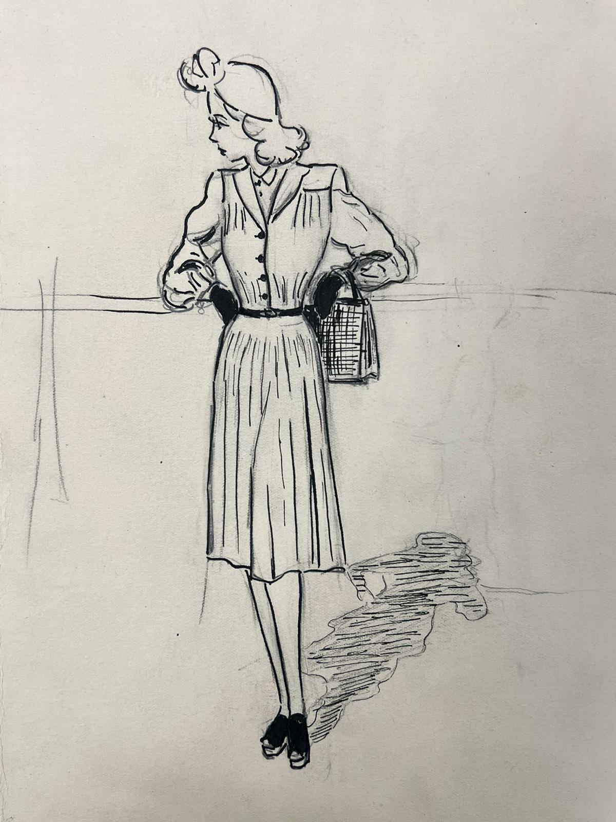 Illustration de mode des années 1950 Peinture originale d'une femme chic en vente 1