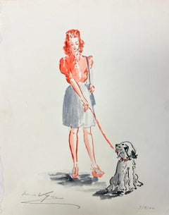 1950’s Fashion Illustration Original Painting Of A Chic Lady Walking Her Dog