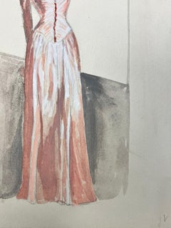 1950’s Fashion Illustration Original Painting Of A Lady In A Stunning Pink Dress