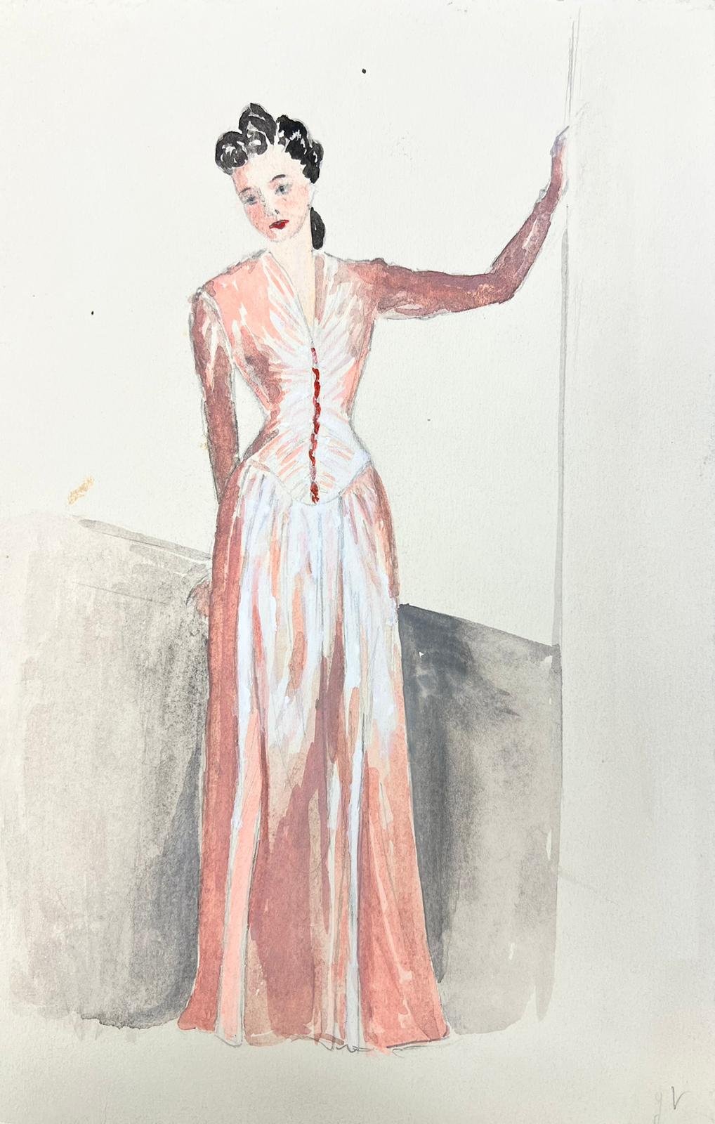 Illustration de mode des années 1950 Peinture originale d'une dame portant une superbe robe rose