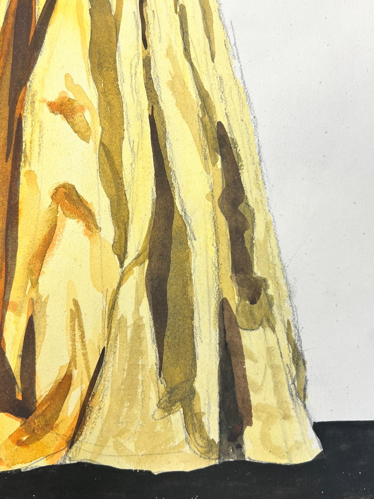 1950’s Fashion Illustration Original Painting Of A Lady In A Yellow Ball Gown - Beige Portrait Painting by Josine Vignon