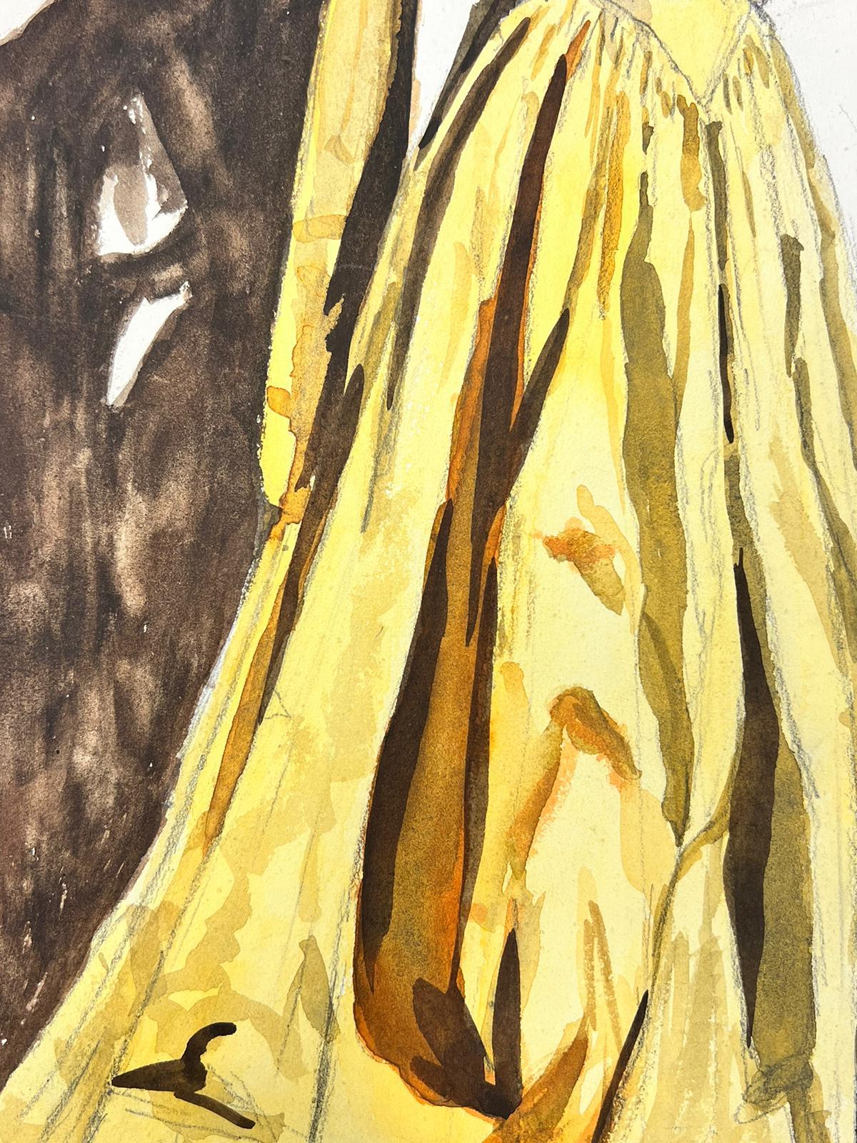 Yellow Ballgown
by Josine Vignon (French 1922-2022) 
ink/watercolour/pencil drawing on thin paper, unframed
paper: 13 x 10 inches
stamped verso
very good condition 
provenance: from the artists estate, France

Josine Vignon (1922-2022) was a French