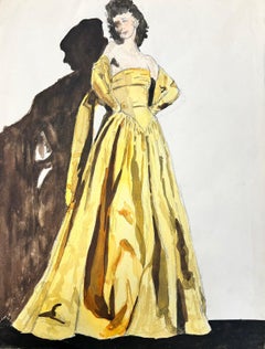 1950’s Fashion Illustration Original Painting Of A Lady In A Yellow Ball Gown