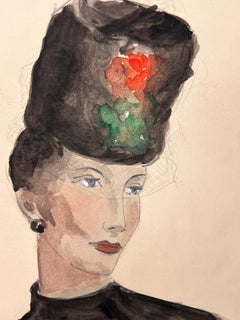 1950s Fashion Illustration Original Painting Of A Lady In Stylish Fur Black Hat