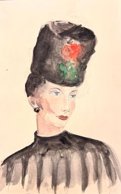 1950s Fashion Illustration Original Painting Of A Lady In Stylish Fur Black Hat 