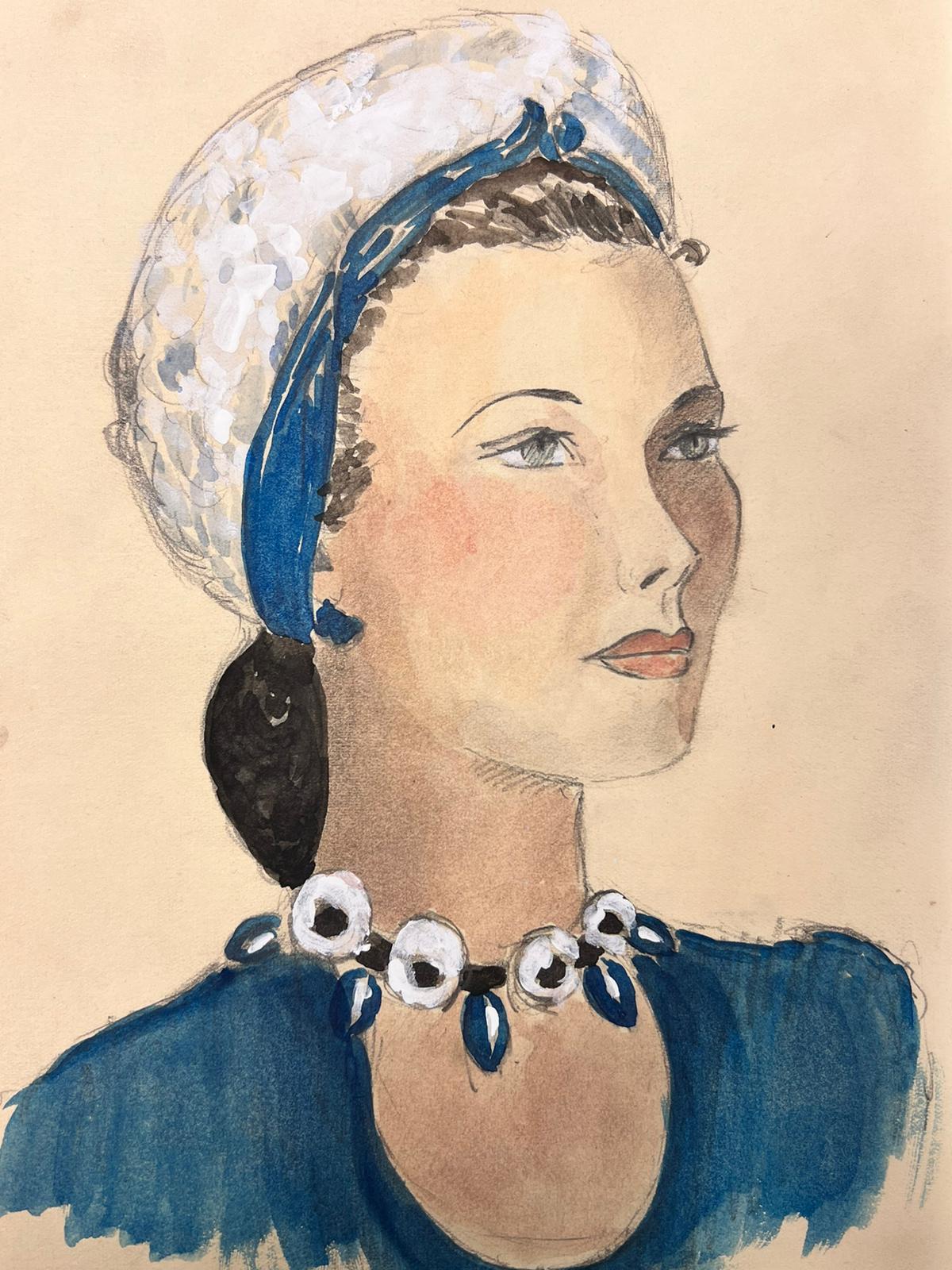 Josine Vignon Figurative Painting - 1950’s Fashion Illustration Original Painting Of A Sailor Styled Lady In Blue