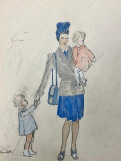 1950’s Fashion Illustration Original Painting Of A Stylish Lady and Her Children